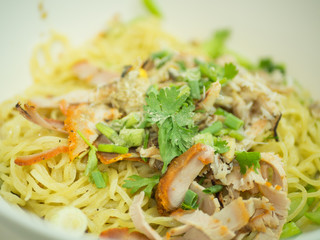 soup noodle wonton roasted pork / yellow egg noodle with red roast pork dumpling and chinese cabbage vegetable