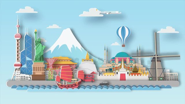 world travel destination background video animation ,flat cartoon and paper art landmarks concept. motion graphic  background