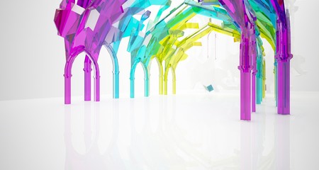 Abstract white and colored gradient glasses gothic interior. 3D illustration and rendering.