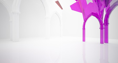 Abstract white and colored gradient glasses gothic interior. 3D illustration and rendering.