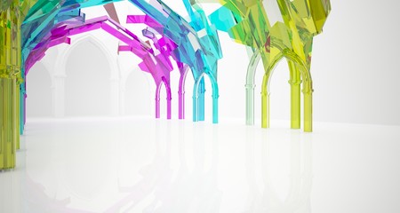 Abstract white and colored gradient glasses gothic interior. 3D illustration and rendering.