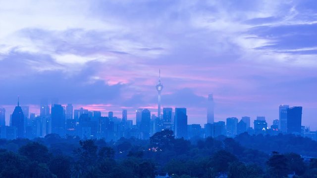 4K Time lapse of majestic sunrise over downtown Kuala Lumpur, Malaysia.