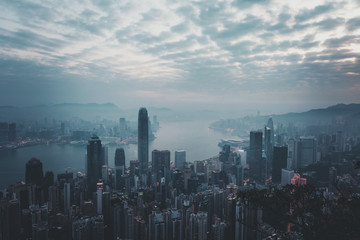 Misty morning view at Hong Kong City. view from Victoria Peak