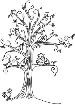 Tree full of Birds Coloring Page