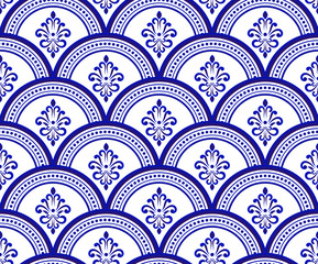 blauw en wit damastpatroon