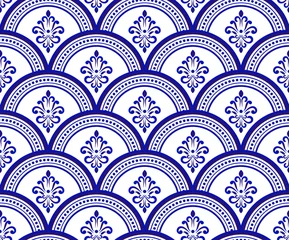 Papier peint Bleu foncé motif damassé bleu et blanc