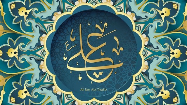 Arabic Hazrat Ali bin Abi Thalib greeting card template islamic vector design with paper cut style pattern arabic calligraphy and traditional ornament - Vector