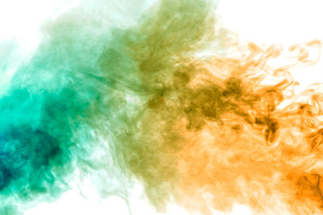 Colorful steam exhaled from the vape with a smooth transition of color molecules from yellow to blue on a white background like a collision of two jets of smoke.