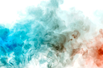 Obraz premium The texture of grey smoke is like a watercolor on a white background with transitions of matter between blue and red like a chemical reaction exhaled from a vape electronic cigarette. T-shirt print.
