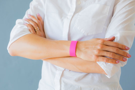 Woman wearing mockup template arm bracelet wristband