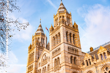 Side view of British Natural History Museum in London.