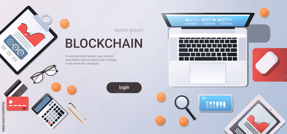 Poster crypto currency block chain concept bitcoin mining workplace desk top angle view tablet laptop compu