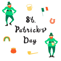 Saint Patrick Day lettering with flat leprechauns