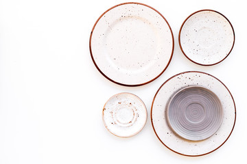 Mockup with plates. Empty ceramic plates on white background top view copy space