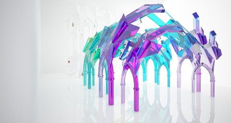 Abstract white and colored gradient glasses gothic interior. 3D illustration and rendering.