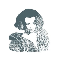 Face half turn view. Elegant silhouette of a head textured by tree branches. Double exposure