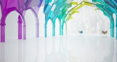 Abstract white and colored gradient glasses gothic interior. 3D illustration and rendering.