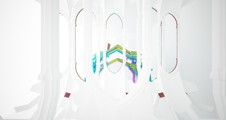Abstract white and colored gradient glasses gothic interior. 3D illustration and rendering.