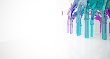 Abstract white and colored gradient glasses gothic interior. 3D illustration and rendering.