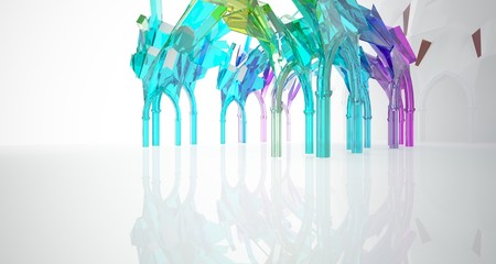 Abstract white and colored gradient glasses gothic interior. 3D illustration and rendering.