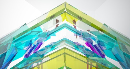 Abstract white and colored gradient glasses gothic interior. 3D illustration and rendering.