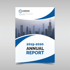 Annual report template with blue wavy shapes