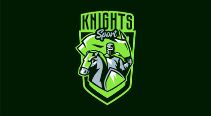 Knight emblem with a flag, horse rider. Knight prancing a horse holding a flag. Armor, sword, stallion, swordsman, paladin, warrior. Vector illustration