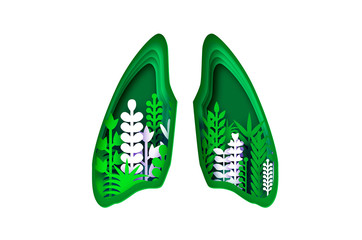 Green Human Lungs. World health day. Medicine idea with paper cut flowers and leaves. Lungs shape with origami floral bouquet. Layered silhouette.
