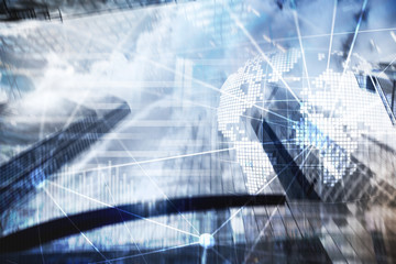 Double exposure mixed media. 3D Earth planet hologram and communication structure. World wide network and globalization concept.