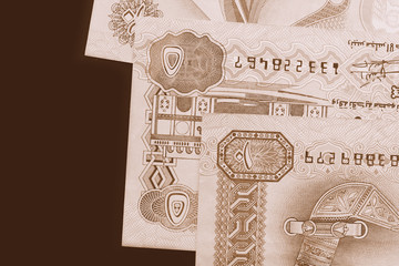 UAE dirham currency background close up. Brown color toned