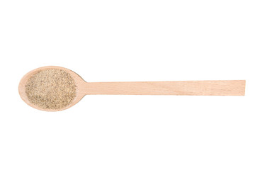 white ground pepper in wooden spoon isolated on white background