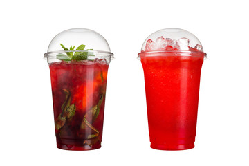Delicious fruit smoothies in plastic cups, on a white background. Two cocktails with taste of berries and mint.