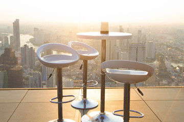table and chairs cafe in rooftop 