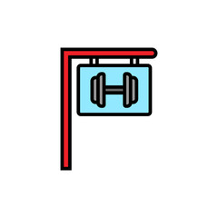 gym fitness center sign icon. hanging board with dumbbell symbol for bodybuilder place illustration. simple vector graphic.