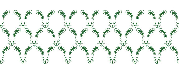 Bunny faces seamless vector border. Cute bunny pattern green. Simple rabbit illustration repeating tile. Use for Easter cards, spring, summer, kids fabric, decor, gift wrap, decoration.
