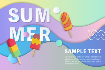 Summer sale banner template 3D pastel gradient colorful popsicle ice cream curve wave line