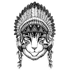 Cat Wild animal wearing inidan headdress with feathers. Boho chic style illustration for tattoo, emblem, badge, logo, patch. Children clothing