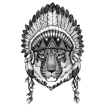 Leopard. Wild animal wearing inidan headdress with feathers. Boho chic style illustration for tattoo, emblem, badge, logo, patch. Children clothing