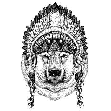Bear, polar bear. Wild animal wearing inidan headdress with feathers. Boho chic style illustration for tattoo, emblem, badge, logo, patch. Children clothing