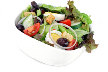 Mixed Salad Greens with tomato, olives, egg, cucumber and croutons.