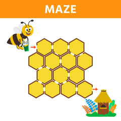 Cartoon maze for kids with cute bee and hive. Labyrinth. Maze game for kids. Development activity for preschool children.