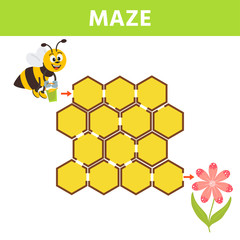 Cartoon maze for kids with cute bee and flower. Labyrinth. Maze game for kids. Development activity for preschool children.