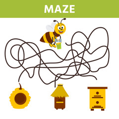 Cartoon maze for kids with cute bee and hive. Labyrinth. Maze game for kids. Development activity for preschool children.