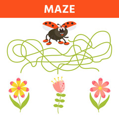 Maze  with ladybug and flowers. Game for kids. Vector illustration.