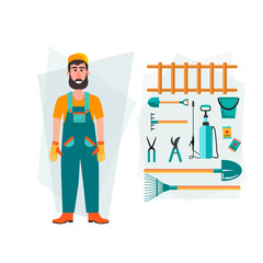 Garden instruments and symbols of gardening, gardener or farmer. Template for your design.  Vector illustration