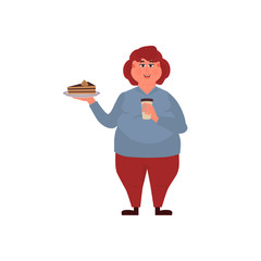 Fat woman eating a piece of cake and is drinking coffee. Funny Cartoon Character. Vector illustration of bad habits and people eating  junk food.
