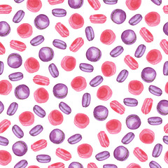 Seamless pattern with pastel pink and lilac macarons on white background. Hand drawn watercolor illustration. 
