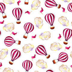 Modèle sans couture avec des montgolfières roses dépouillées, des drapeaux roses et des nuages sur fond blanc. Illustration aquarelle dessinée à la main.