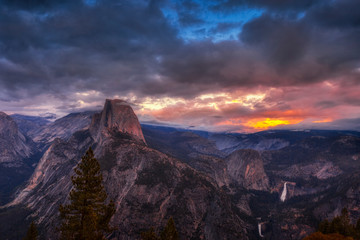 Half Dome seen at sunset seen from the Galcier Point Overlook in Yosemite National Park