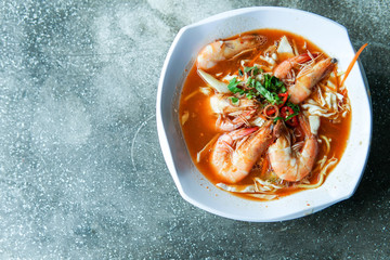 Close up of Mee Udang (Prawn noodles). Mee udang is one of the popular dish in Malaysia - Image